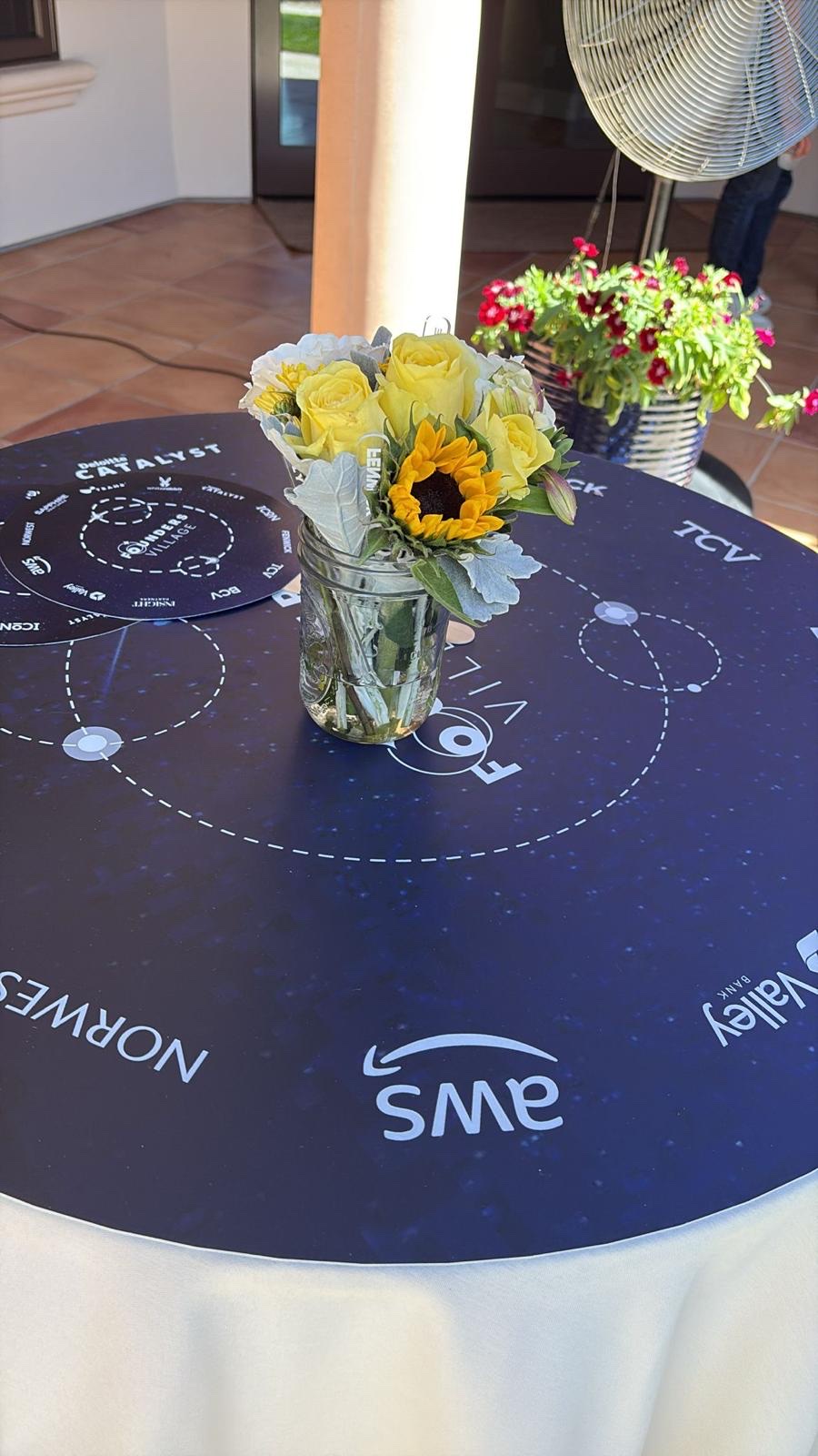 Round table with custom navy table topper printed with sponsor logos AWS, SVB, TCV, Norwest