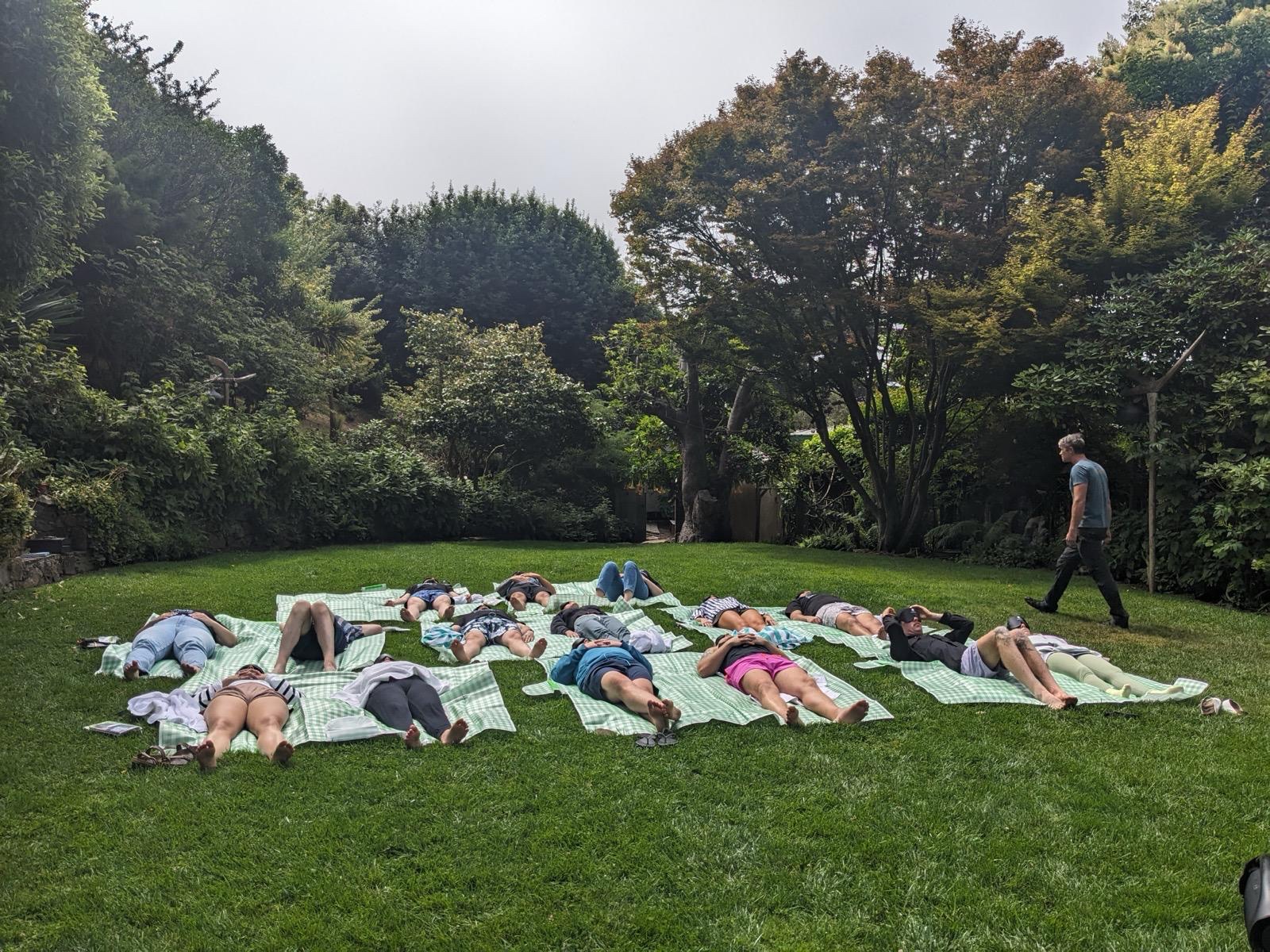 Team doing a yoga class on green grass at an outdoor offsite